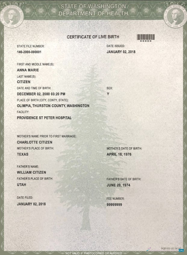 Download USA Washington state birth certificate template in PSD format Photoshop template